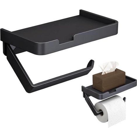 Selbstklebender schwarzer Toilettenpapierhalter mit Handyablage, Wandmontage ohne Bohren, Aluminiumlegierung für Bad und Küche