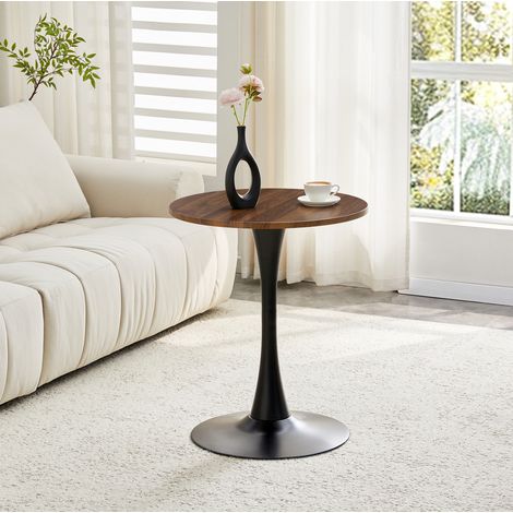 Table à manger ronde 60 cm en MDF, plateau effet noyer, pied central noir HAVRYA (1/5)