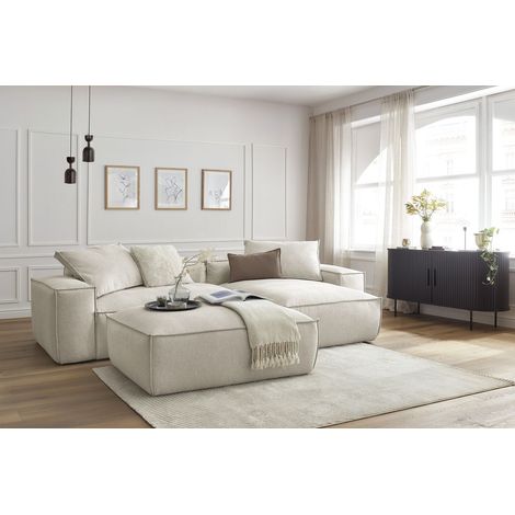 BOBOCHIC - Canapé d'angle réversible ultra moelleux BOHEME tissu chiné avec pouf Réversible Beige (1/5)