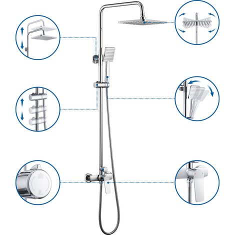Auralum Duschset Quadrat Duschsäule Duschsystem, Chrom Regendusche Duschset mit Kopfbrause eckig und Handbrause, Höhenverstellbare Duschstange für Dusche und Badezimmer