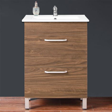 Meuble de salle de bain Armoire de rangement Meuble lavabo Meuble sous vasque sur pied avec lavabo intégré 2 tiroirs chêne L.58cmxP.38cmxH.82.4cm