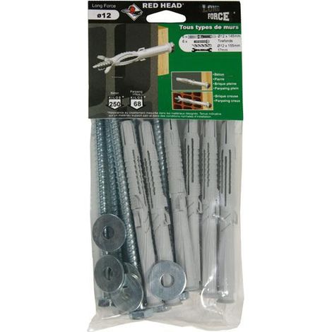 Cheville nylon Long Force pour tous types de murs – Longueur 145mm – Ø 12mm – Charge max 250kg – Sachet de 6 unités – Red Head