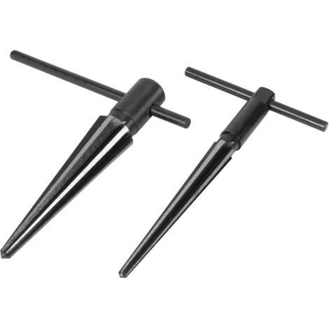 Black T-handle taper reamer with carbon steel construction for aligning holes or removing burrs from pipes, tubes and more. (1/4)