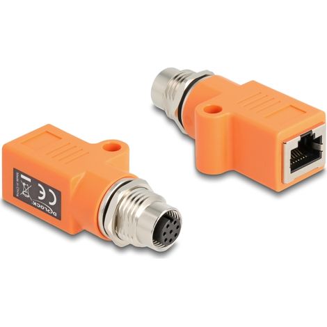 Delock Adaptador M12 codificado A de 8 pines hembra a RJ45 hembra Cat.5e con orificio de montaje recto naranja