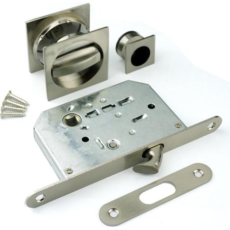 Kit de verrouillage avec rosace carrée, pêne pour porte coulissante, Ø58 mm, acier, finition nickel satiné