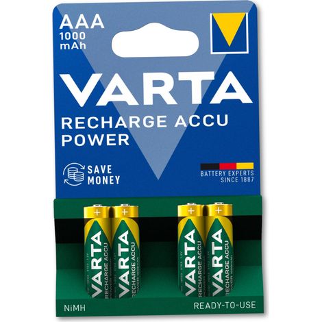 Piles rechargeables VARTA POWER 1000 mAh AAA NiMH, format mini, lot de 4