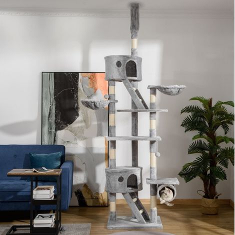 Arbre à chat 60x45x260 cm en tissu peluche et sisal gris clair, stable pour grand chat – MEUBLIV (1/5)