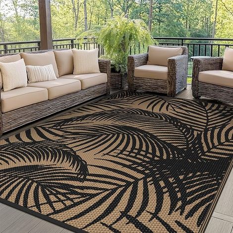 Tapis Extérieur Imperméable, Tapis de Camping Lavable Jardin, Terrasse, Balcon, Tapis Réversible Résistant aux UV Pique-Nique,180x275cm, Noir (1/5)