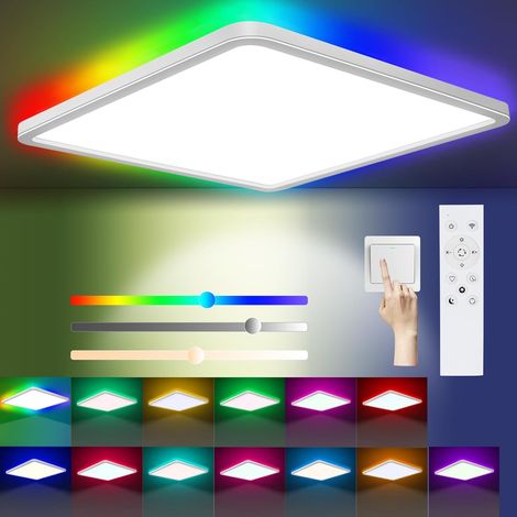 Plafonnier LED Dimmable Télécommande, 24W 13RGB 3200LM Luminaire Plafonniers, 3000K-6500K Lampe LED Plafond IP54 Étanche Carré Éclairage de Plafond Moderne Pour Salle de bain Salon Chambre 30CM [Class (1/5)