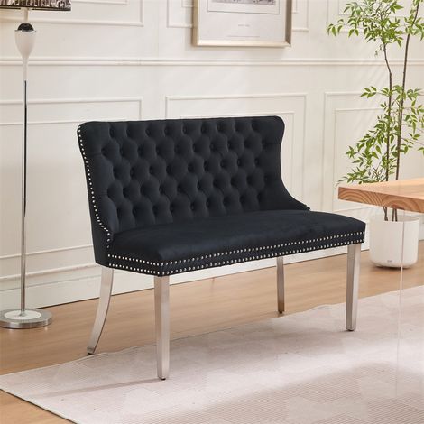 Banc de Salle à Manger 2 Places - Banquette Loveseat en Velours Capitonné à Boutons, Pieds Inox Argent Brossé - Noir Moderne (1/5)