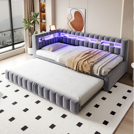 Lit d’angle rembourré 90x200 cm en velours gris foncé avec LED et USB OKWISH (1/5)