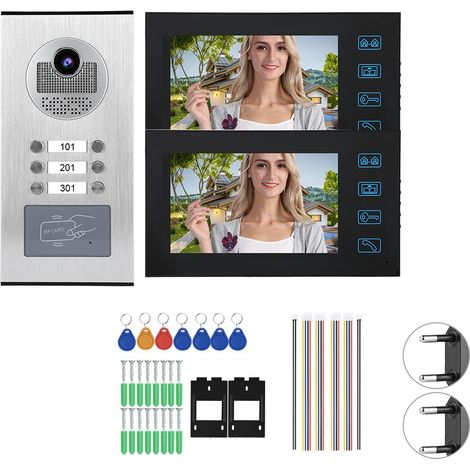Kit 2 sonnettes vidéo RFID 7 pouces pour porte, avec caméra IR, visiophone domestique, alimentation 100-240V (UE) (1/5)