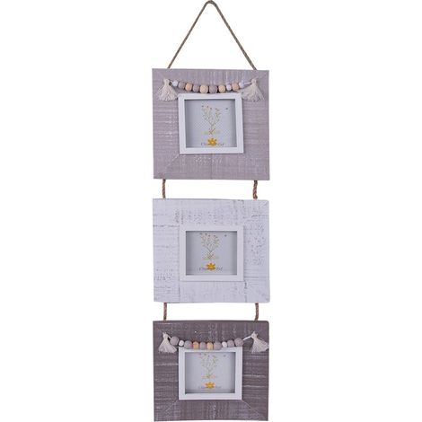 Cadre Photo Pêle-Mêle en Bois Gris Blanc Beige avec Perles de Bois pour 3 Photos 7x7 cm - PANGIVO (1/3)