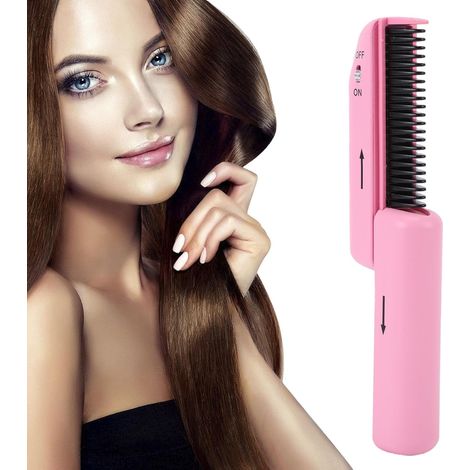 Brosse à cheveux lissante, peigne lisseur électrique en céramique rose avec 22 dents chauffantes pour la coiffure, poignée rétractable, appareil de coiffure sans fil, deux (1/5)