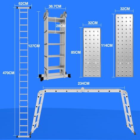 Randaco 6 in 1 Leiter Mehrzweckleiter Alu Gelenkleiter Klappleiter 470cm Multifunktionsleiter Aluleiter Mit Plattform Bis 150KG 4 X 4 Stufen Silber