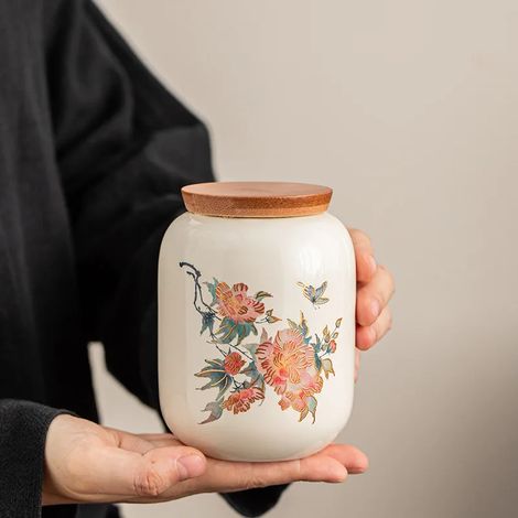Bocal de rangement créatif en céramique avec couvercle en bambou, étanche à l'humidité et à l'air, idéal pour conserver les noix et les grains de café. (1/5)