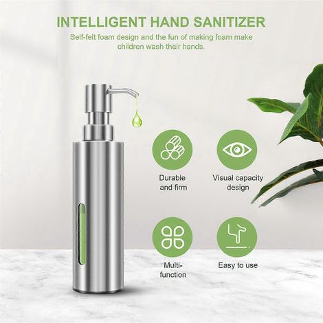 Distributeur de savon liquide pour les mains à pompe de 200 ml, distributeur de liquide vaisselle en acier inoxydable --- (1/5)