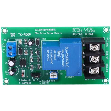 DC12V Zeitverzögerungsrelaismodul (10V-15V verwendbar) 30A 1W/0,1-5s, unendlich zyklisches Ein-/Ausschalt-Zeitverzögerungsrelaismodul, AC250V/30A oder DC30V/30