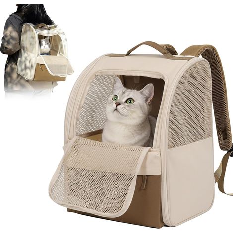 Sac À Dos Chat, Sac À Dos De Transport avec Sangles De Sécurité, Grand Espace Sac À Dos en Filet Respirant, Pliable Caisse De Transport Chat pour Petit Animaux, Jusqu'À 7.5 Kg, Couleur Riz (1/5)