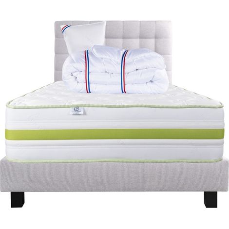 Ensemble Matelas Rêverie, 30 cm, mousses haute densité, ferme, face été/hiver+sommier gris ep20cm+oreiller+couette+Tête de Lit, 90x190cm (1/5)
