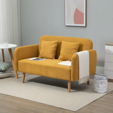 Divano a 2 posti con 2 cuscini decorativi, divanetto piccolo con seduta in velluto, divano imbottito moderno per soggiorno, camera da letto, stanza piccola, giallo, 130 x 70 x 80 cm (1/5)