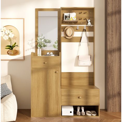 Mobile Ingresso 105x38x180 cm, Finitura Legno, 2 Cassetti, Armadio e Ganci Regolabili (1/5)