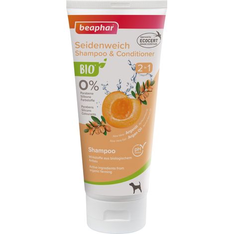 Beaphar, Bio Shampoo 2 in 1, Shampoo e Balsamo per Cani, con Gel di Aloe Vera da Agricoltura Biologica, Arricchito con Olio di Argan e Albicocca, Certificato ECOCERT®, PH Neutro, 200 ml