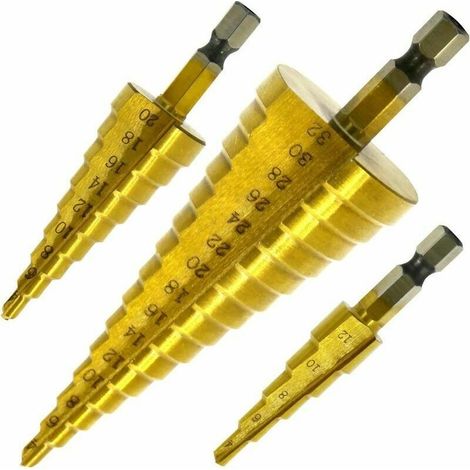Set De 3 Foret Fraise Meche Etage, Inox Metal, 4-12/20/32Mm, Triangle Conique Titane, Avec Tige Hexagone, Pour Visseuse Percage Sur Acier, Laiton, Bois, Plastique (1/5)