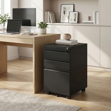 Songmics – Caisson mobile à roulettes 3 tiroirs verrouillables en acier – Structure robuste – Mobilité pratique – Pour bureau à domicile – Noir