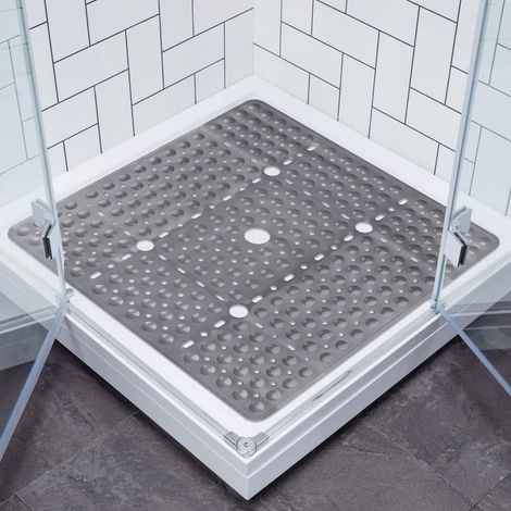 Tapis de Douche Antidérapant, Grand Tapis de Bain Carré 70 70cm avec Ventouses, Tapis de Baignoire Antibactérien Lavable pour la Douche, Baignoire (Gris) (1/5)