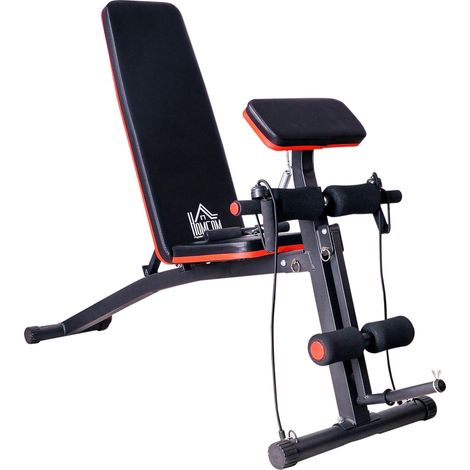 Banc de musculation pliable et multifonctionnel avec dossier inclinable à 7 niveaux, appareil d'extension des jambes, coussin et bande de résistance inclus, pour entraînement à domicile, rouge. (1/5)