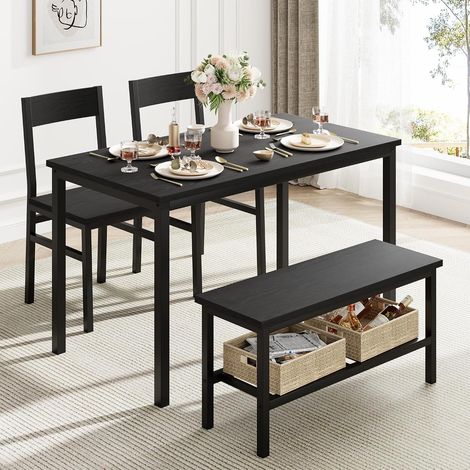 Ensemble Salle à Manger 4 Pièces avec Table, 2 Chaises et Banc de Rangement, Gain de Place, Structure Métal Style Industriel Noir (1/5)
