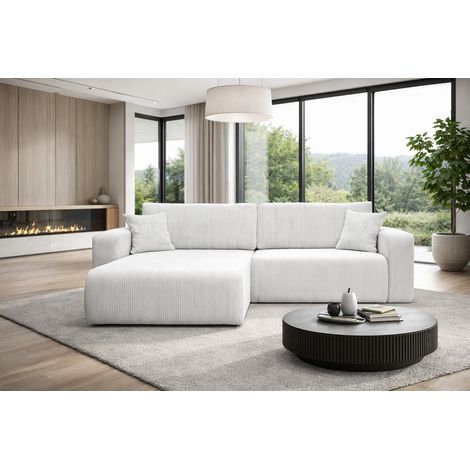 Canapé d'Angle réversible convertible avec fonction de couchage coffre universel en velours côtelé blanc Flora L (1/5)