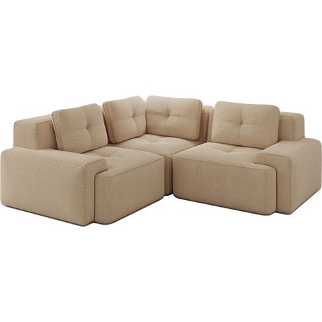 Canapé d'angle modulaire en tissu côtelé beige, confortable et sans cadre (1/5)