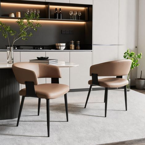 Lot de 2 chaises de cuisine simili‑cuir marron, dossier incurvé ergonomique, pieds métalliques pour salle à manger (1/5)