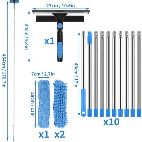 Raclette à vitre 4,5m avec manche télescopique – Kit de nettoyage 3-en-1 avec raclette silicone et 3 brosses microfibres – Pour voiture et fenêtres hautes