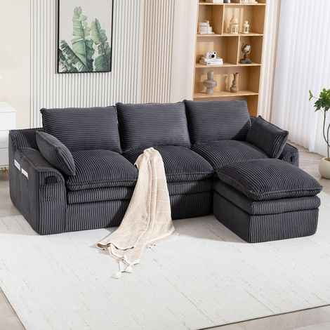 Canapé modulare 3 posti in velluto a coste grigio scuro 263x167x85 cm con pouf e tasche laterali (1/5)