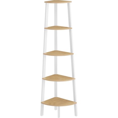 Vasagle – Étagère d'angle 5 niveaux – Structure en acier – Couleur chêne naturel et blanc mat – Charge maximale 5 kg par niveau – Dimensions 37,2 x 37,2 x 159 cm (1/5)