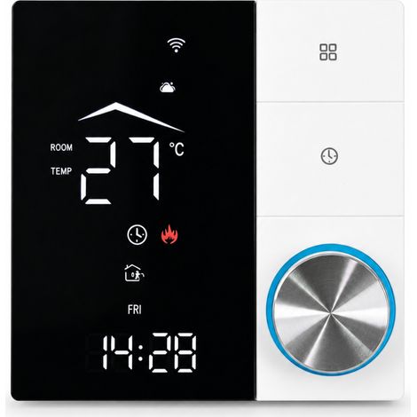Thermostat WiFi Intelligent Tuya à Molette, Contrôle par Application et Programmation Hebdomadaire, 3A Chauffage à Eau/Chaudière, Noir et Blanc (1/5)