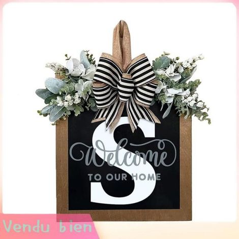 Garosa Couronne de porte d’entrée toute l’année Couronne de porte d'entrée ronde avec nom de famille, signe de bienvenue deco kit (1/4)