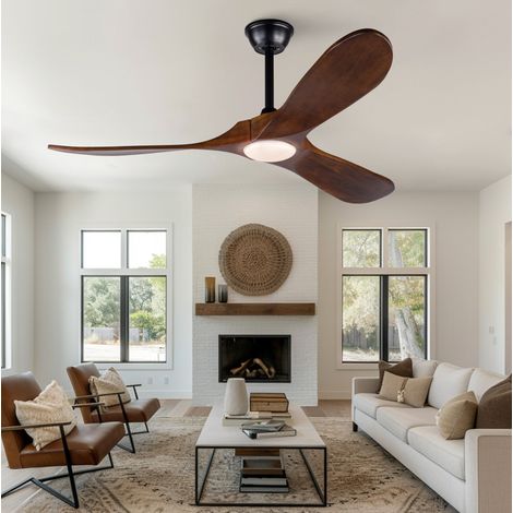 Ventilatore da soffitto da 52 pollici con luce LED, motore DC reversibile, 3 pale in legno di noce e metallo nero.