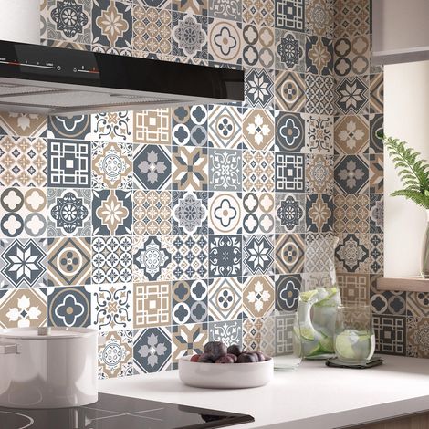Sticker Mural Carrelage adhésif Cuisine Salle de Bain - 24 STICKERS CARREAUX DE CIMENT FAZIONIO - 24stickers15x15cm (1/5)