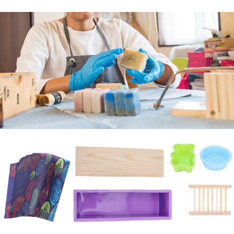 Ensemble de moules à savon en silicone à faire soi-même avec boîte en bois, support à savon, papier d'emballage et fournitures de pâtisserie (violet) (1/5)