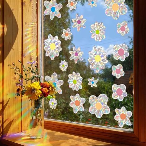22 autocollants de fenêtre colorés à motif floral, en vinyle prismatique, protégeant les oiseaux, avec effet miroir arc-en-ciel, autocollants « capteurs de soleil » de style floral pour vitres (1/5)
