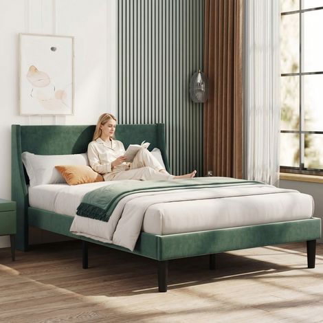 Double Bed Frame, 135x190 cm, Upholstered Bed Frame with Headboard, Includes Slatted Base for Modern Bedroom, Velvet Green