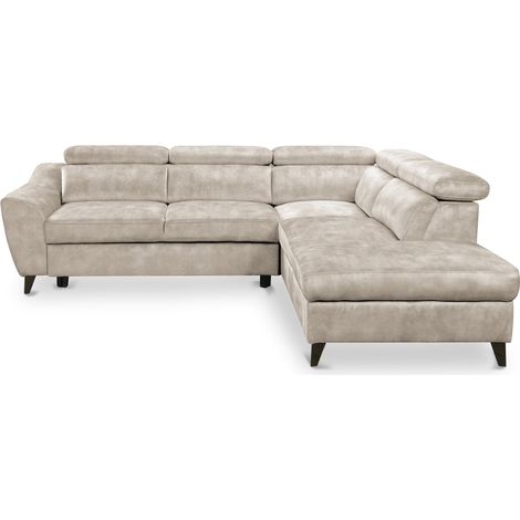 Canapé d'angle convertible avec coffre en velours chiné beige DALTON - Angle droit (1/5)