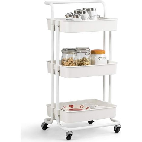 COSTWAY Chariot de Service à Roulettes avec 3 PaniersGrillagés en Métal Anti-Rouille 42 x 35 x 87 CM Charge Max. 60KG Blanc (1/5)