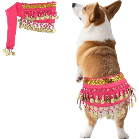 Jupe Danseuse Ventre Chien, Paillettes Écharpe Hanche pour Corgi Ceinture Chien avec Sequins Réglable Costume Danse Chiot pour Halloween Fêtes Spectacles (Rose)
