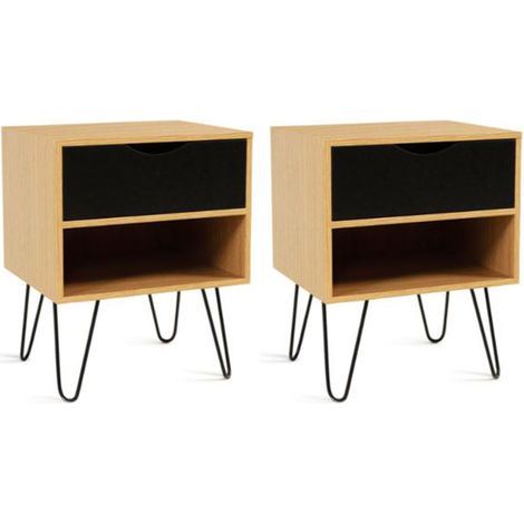 Idmarket – Lot de 2 tables de chevet NOEMI 1 tiroir – Niche bois – Pieds épingle métal noir – Dimensions 40x34x50 cm