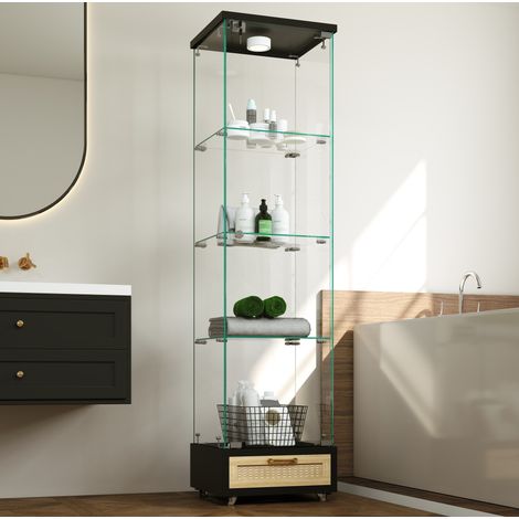 REDOM - Vitrine 4 niveaux avec LED 13 couleurs, porte verrouillable et tiroirs, rangement vertical en MDF et verre noir (1/5)